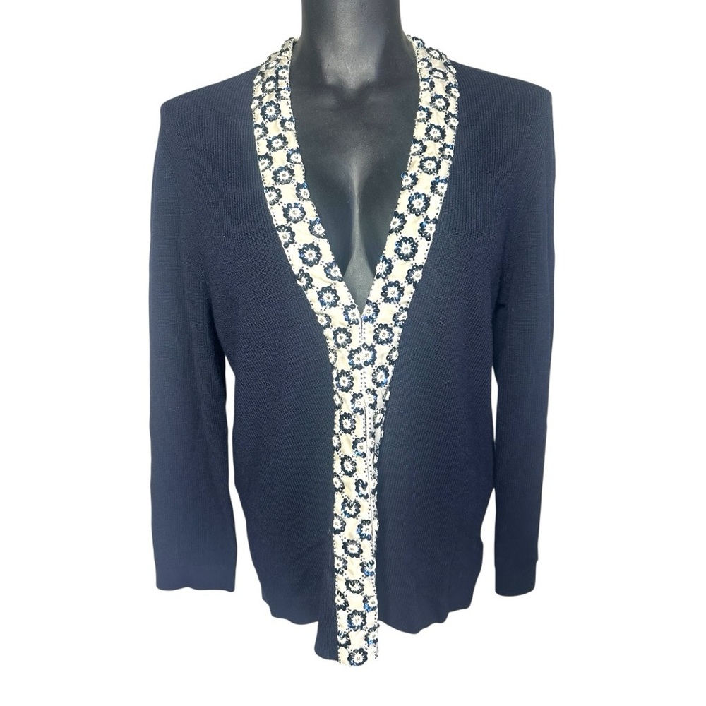 Tory Burch Merino Wool Printed Cardigan Sweater Large Navy Blue Sequins V-Neck - Picture 8 of 13